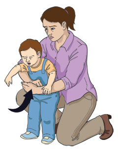 Woman kneeling behind toddler showing woman pushing fist into child's upper abdomen.